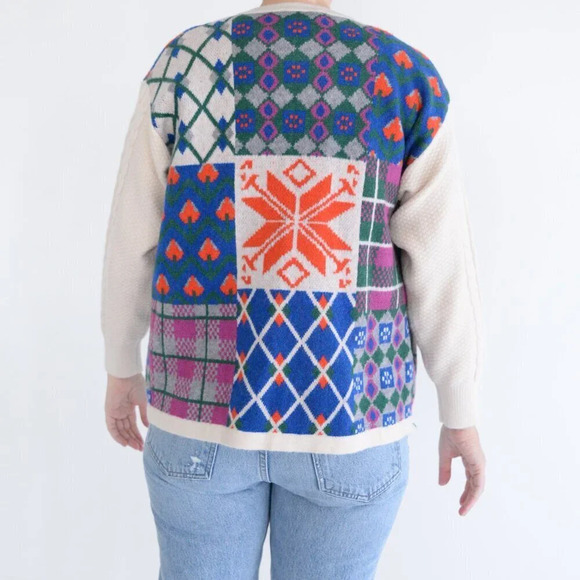 Cider Cream &  Blue Floral Argyle Knit Button Up Sweater L - Picture 3 of 12